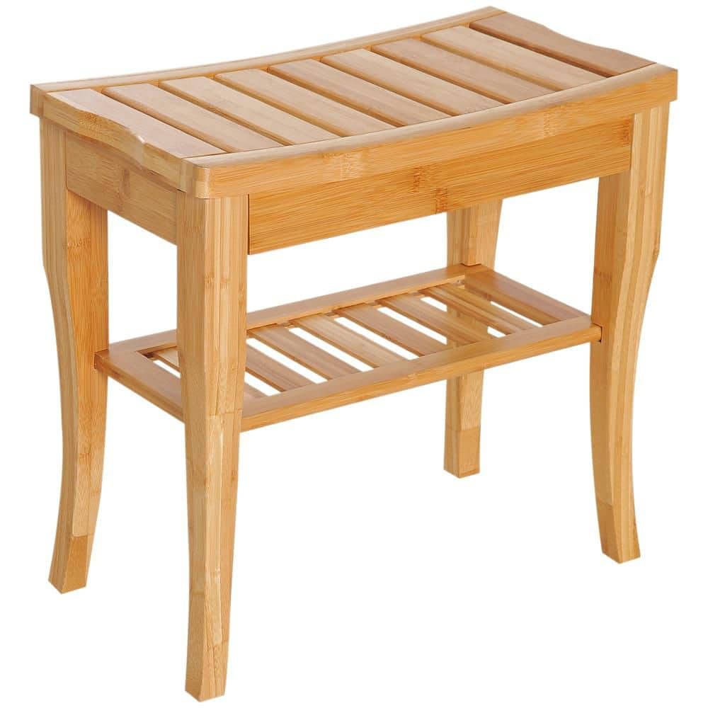 20 in. Bamboo Shower Bench Seat, Wooden Spa Shower Stool with Underneath Storage Shelf Shoe Organizer, Brown