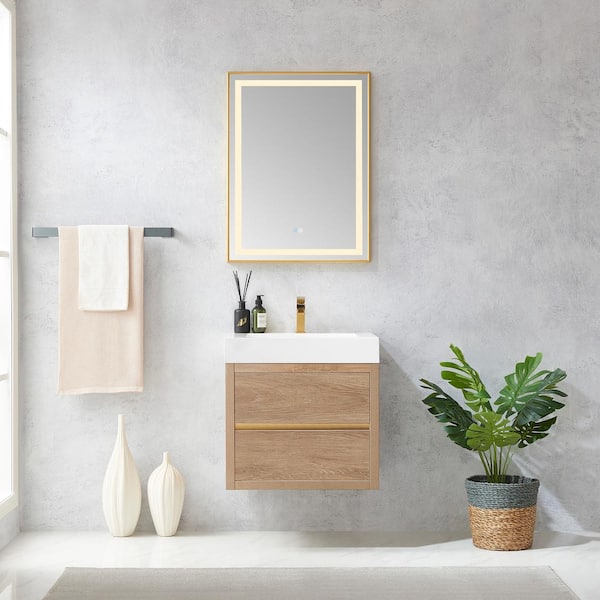 Palencia 24 in. W x 20 in. D x 24 in. H Single Sink Bath Vanity in N.American Oak W/White Composite Stone Top and Mirror