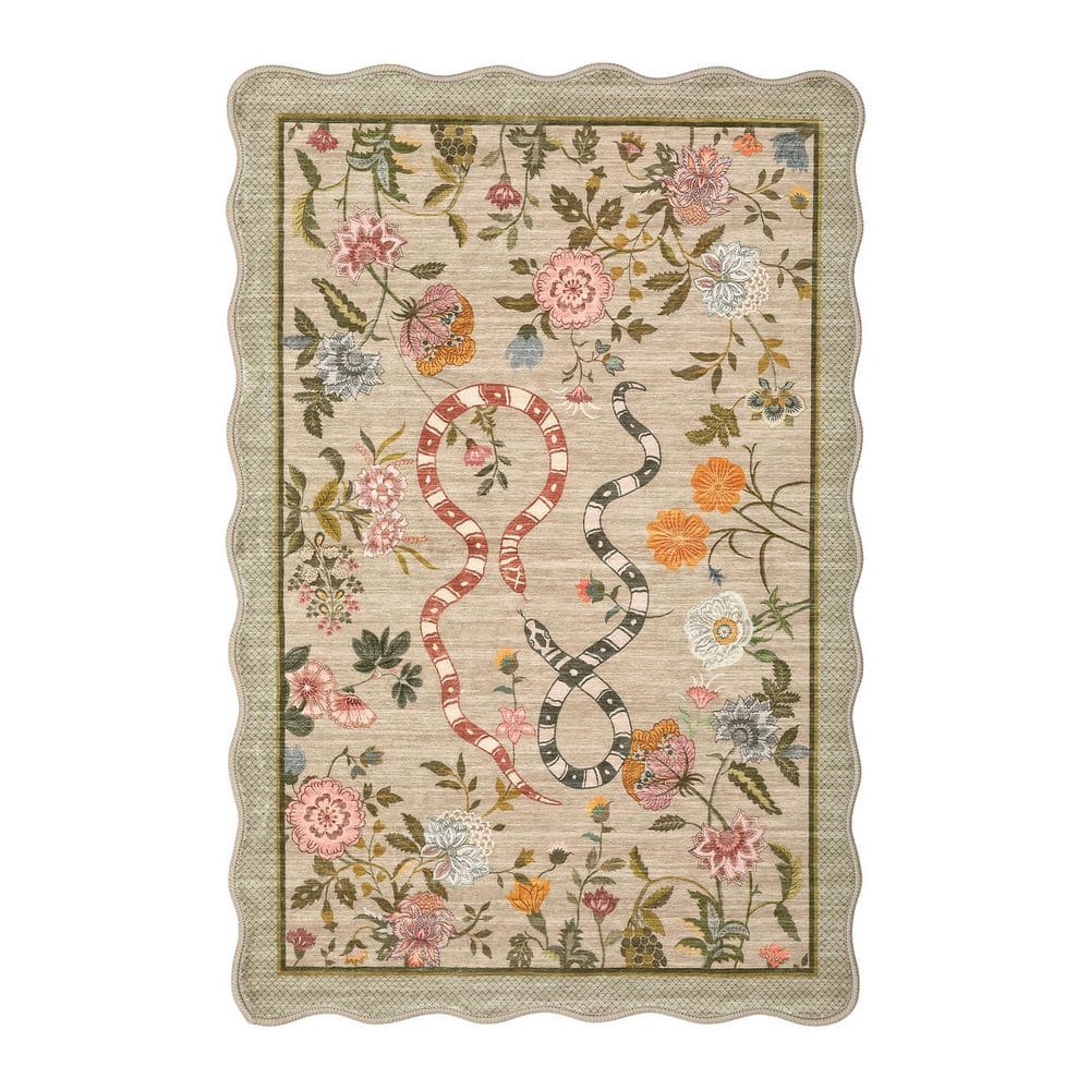 5 ft. x 7 ft. Brown Washable Fan-shaped Carpet Insect Plant Print Non ...