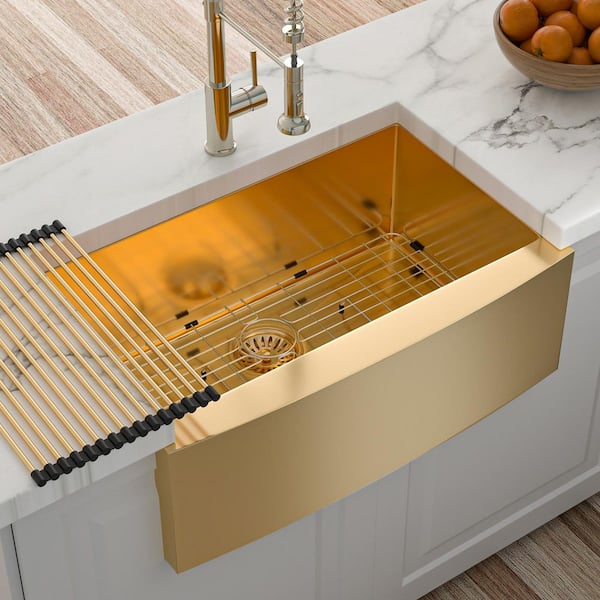 33 in. Farmhouse Single Bowl 16-Gauge Gold Stainless Steel Kitchen Sink with Bottom Grids