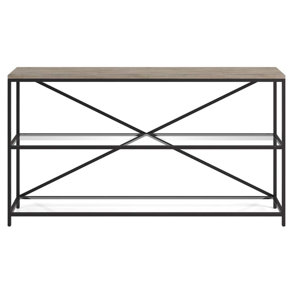 Fionn Blackened Bronze & Antiqued Gray Oak 55" Console Table with Glass Shelves