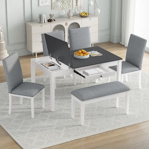 6-Piece Gray and White Wood Top Dining Set with a Drawer, Storage Bench, 2-Flip-top Boxes and 4-Gray Upholstered Chairs