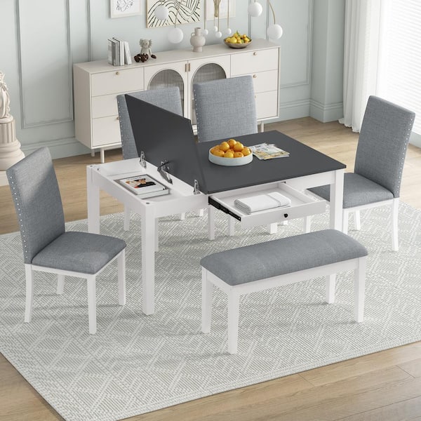 Harper & Bright Designs 6-Piece Gray and White Wood Top Dining Set with a Drawer, Storage Bench, 2-Flip-top Boxes and 4-Gray Upholstered Chairs