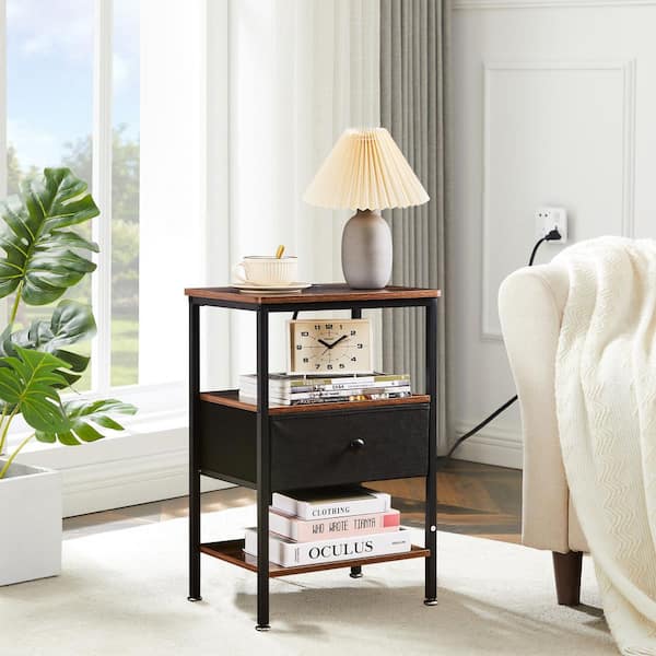 End Table with Charging Station, USB Ports, Fabric Drawer & Open Shelf – Brown Nightstand for Bedroom & Living Room