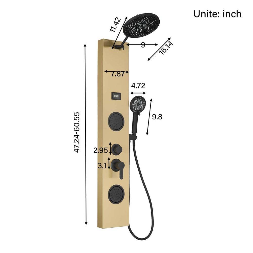Gold and Black Stainless Steel Shower Panel System with Rainfall Shower Head
