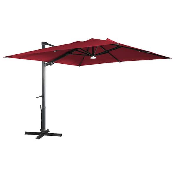 Mondawe 10 ft. Square Cantilever with Bluetooth Ambient Light 360-Degree Rotation Tilt Outdoor Patio Umbrella in Red for Garden