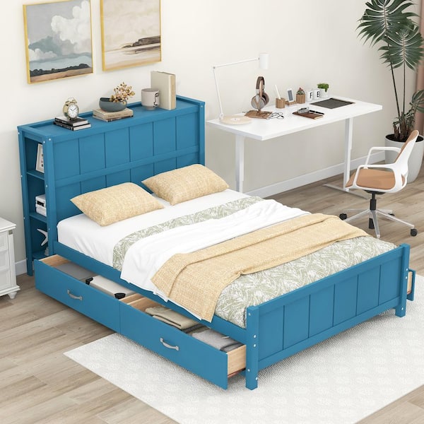 Polibi Blue Wood Frame Full Size Platform Bed with Drawers and Storage Shelves