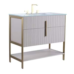 36 in. W x 18 in. D x 33.5 in. H Bath Vanity in Bright Taupe with Glass Vanity Top in White With Brass Hardware