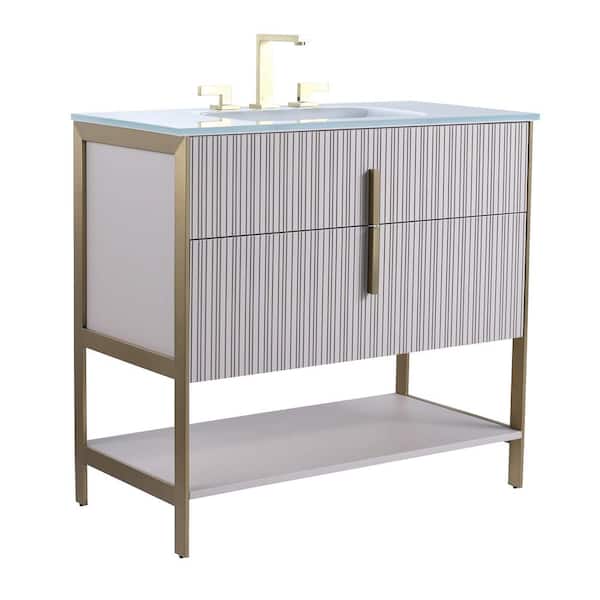 FINE FIXTURES 36 in. W x 18 in. D x 33.5 in. H Bath Vanity in Bright Taupe with Glass Vanity Top in White With Brass Hardware