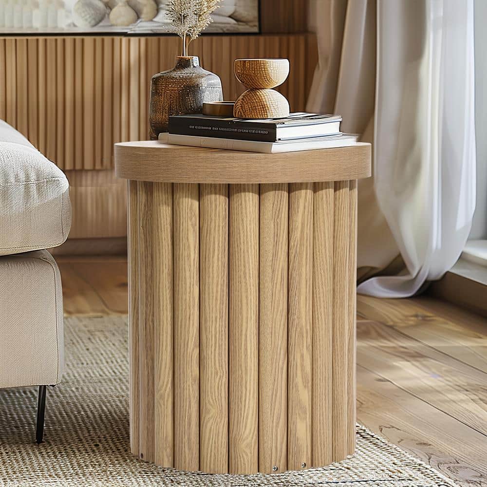 Oak Fluted Round Side Table with Drum Design
