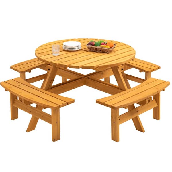 Unbranded 70.07 in. W Natural Round Wood Outdoor Picnic Table Seats 8-People with 4-Built-in Benches for Patio