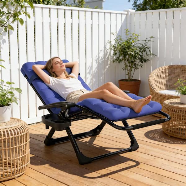 Zero Gravity Lounge Chair-Foldable Alloy Steel Recliner with Adjustable Headrest with Blue Cushion for Patio, Lawn
