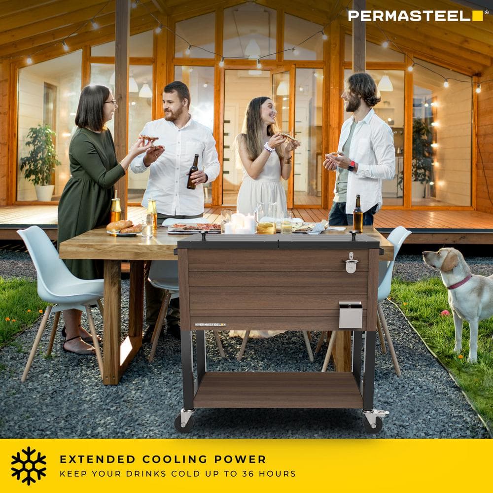 Permasteel 80-Quart Brown Woodgrain Rolling Patio Cooler with Insulated Basin
