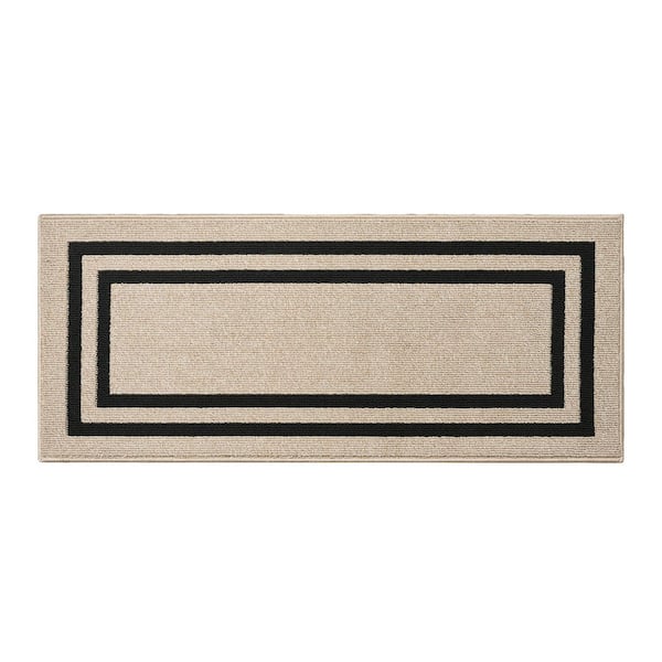 Machine Washable Non-Skid Natural Beige Twist/Black 2.2 ft. x 6 ft. All Loop Tufted Area Rug