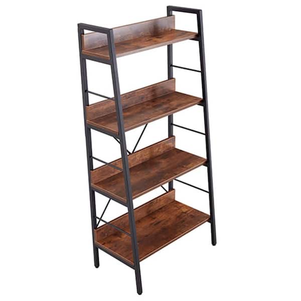 FUNKOL Tiger-head Brown 4-Shelf MDF Wooden Ladder Bookcase with Open Back
