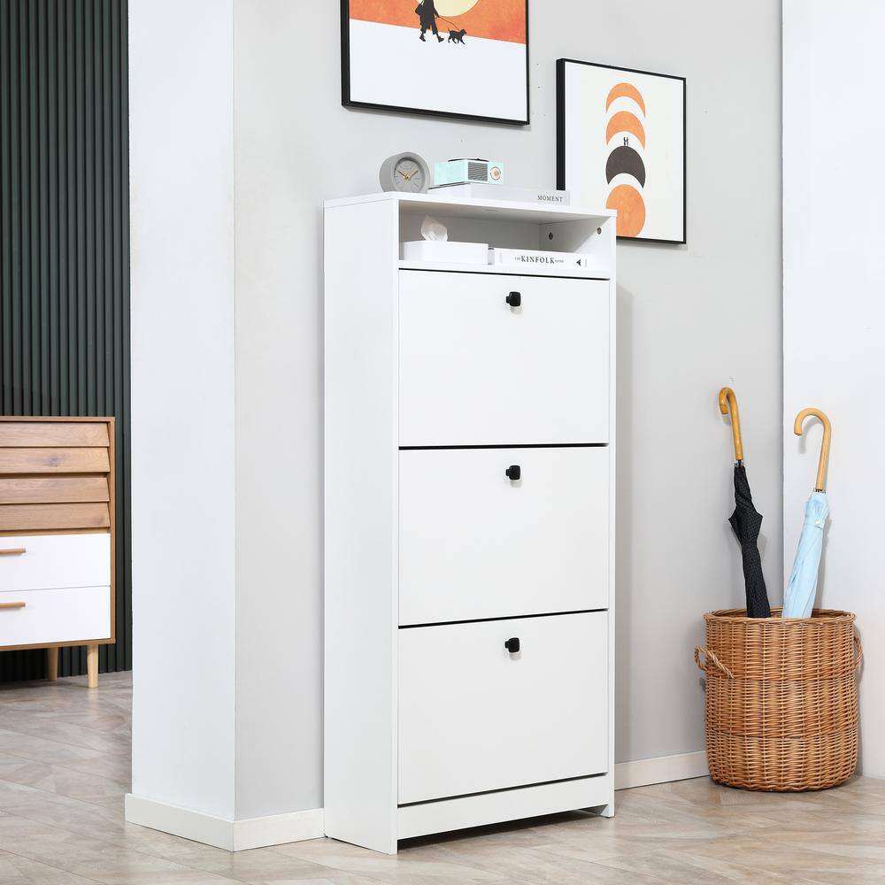 White Slim Wooden Shoe Cabinet with 3 Fold-Out Drawers