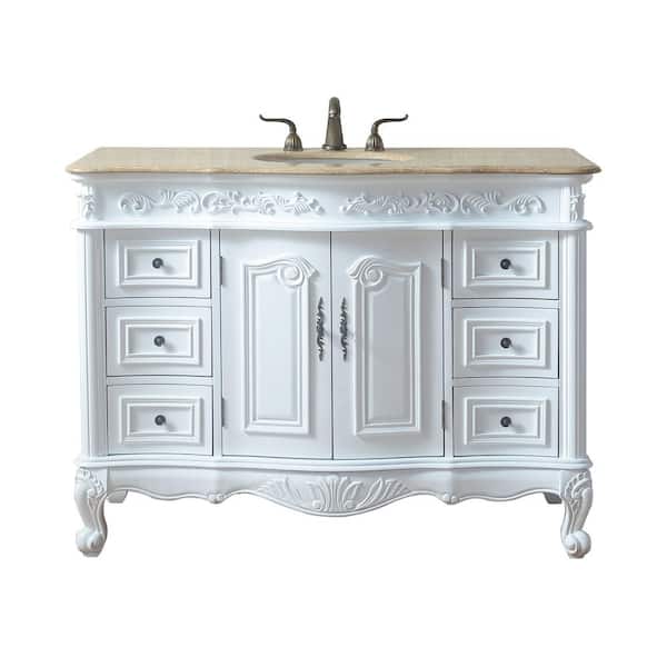 stufurhome Cassandra 48 in. W x 22 in. D x 36 in. H Single Sink Bathroom Vanity in White with Travertine Top