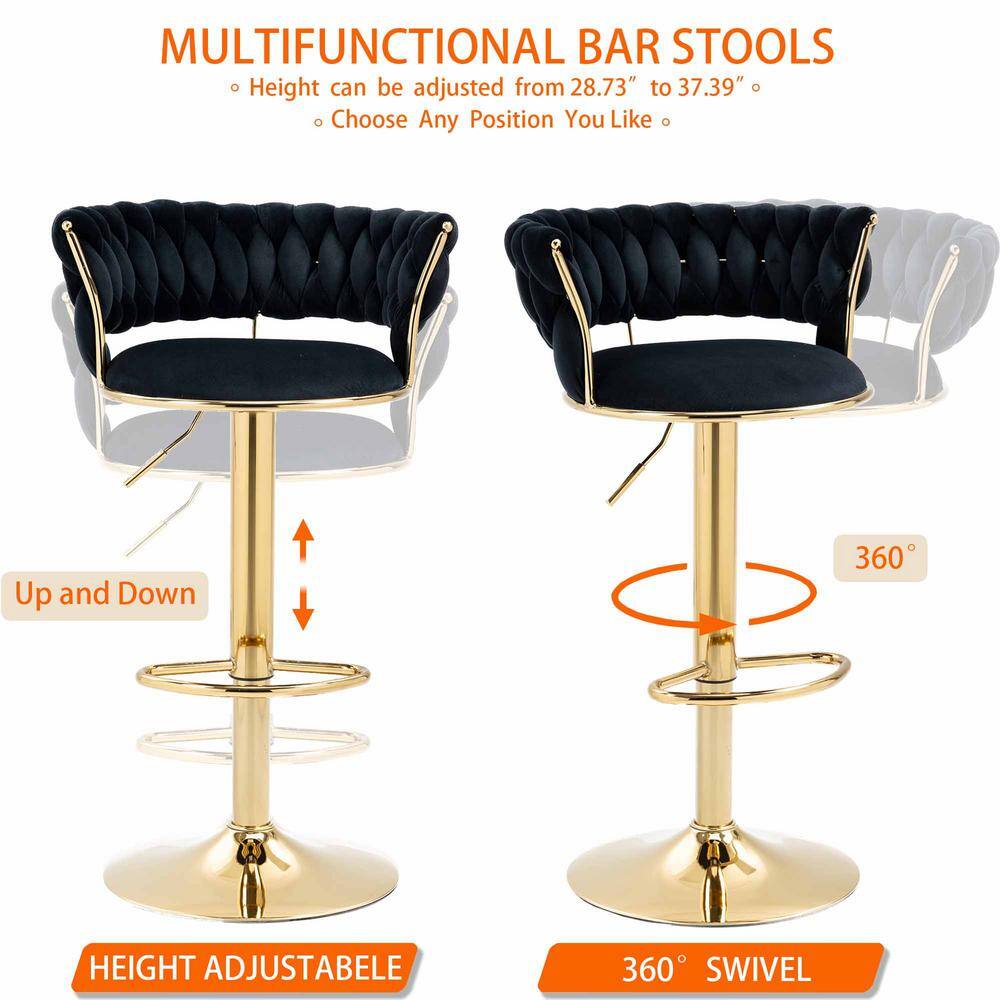 Black Velvet Adjustable Swivel Bar Stools with Gold Frame, Set of 2