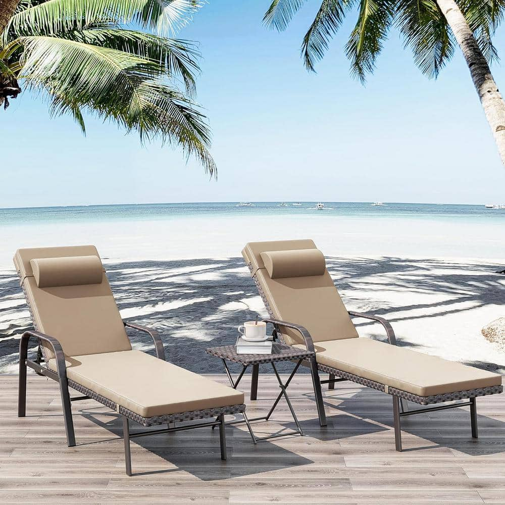 Halmuz 3-Piece Wicker Outdoor Folding Chaise Lounge with Table, Armrest ...