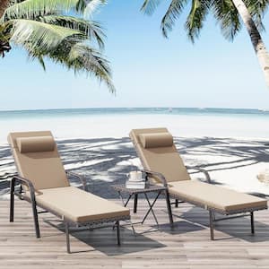 3-Piece Wicker Outdoor Folding Chaise Lounge with Table, Armrest and Cushion Sand