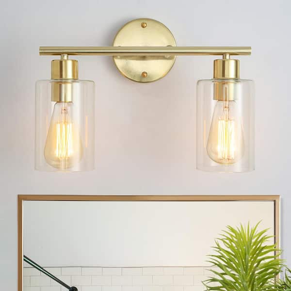 LWYTJO 14.56 in. 2-Light Gold Single Bar Vanity Light with Clear Glass Shade