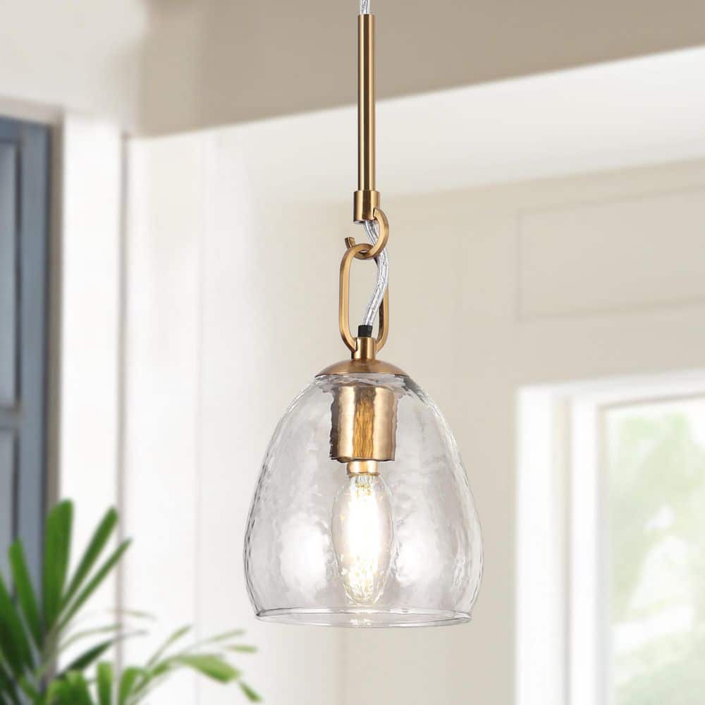 Fizzla Modern 5 in. 1-Light Plated Brass Shaded Pendant Light with Hammered Dome Glass Shade Dining Room Ceiling Light price history on PriceWatchPro