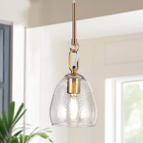 LNC Fizzla Modern 5 in. 1-Light Plated Brass Shaded Pendant Light with Hammered Dome Glass Shade Dining Room Ceiling Light