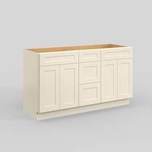 60 in. W x 21 in. D x 34.5 in. H in Antique White Plywood Ready to Assemble Floor Vanity Sink Base Kitchen Cabinet