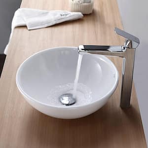 Soft Round Ceramic Vessel Bathroom Sink in White with Pop Up Drain in Chrome