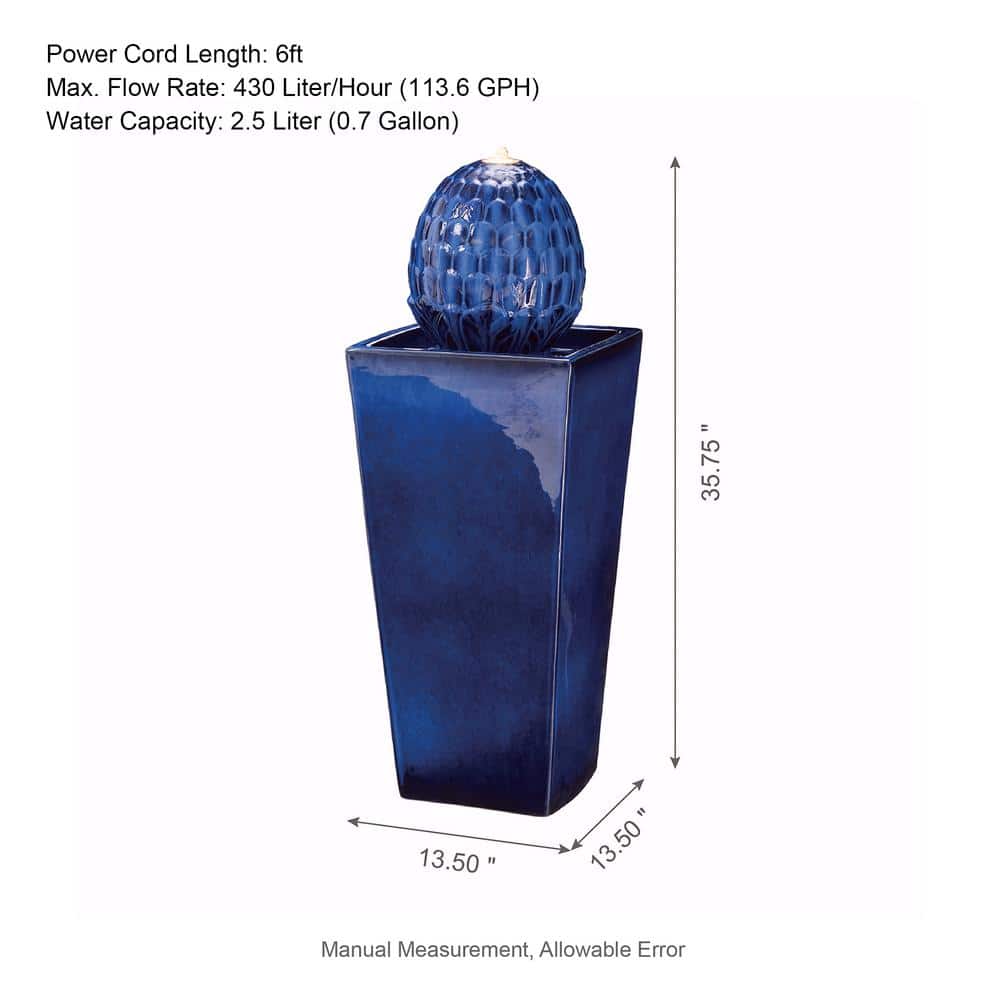 Tall Cobalt Blue Ceramic Artichoke Pedestal Fountain with LED Light