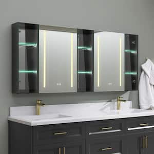 70 in. W x 30 in. H Large Black Rectangular Aluminum Surface Mount Defogging LED Bathroom Medicine Cabinet with Mirror