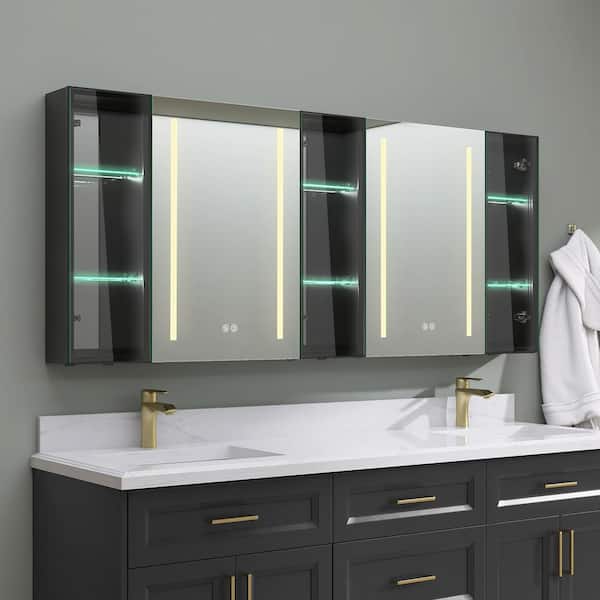 NTQ 70 in. W x 30 in. H Large Black Rectangular Aluminum Surface Mount Defogging LED Bathroom Medicine Cabinet with Mirror
