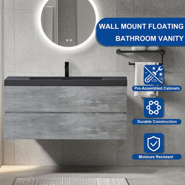 48 in. Wall-Mounted Floating Bath Vanity with Single Black Quartz Sink Top in Grey