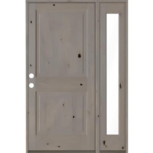 Krosswood Doors 56 in. x 80 in. Rustic knotty alder Right-Hand/Inswing Clear Glass Grey Stain Square Top Wood Prehung Front Door w/RFSL