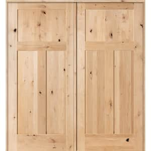 56 in. x 80 in. Rustic Knotty Alder 3-Panel Both Active Solid Core Wood Unfinished Double Prehung Interior French Door