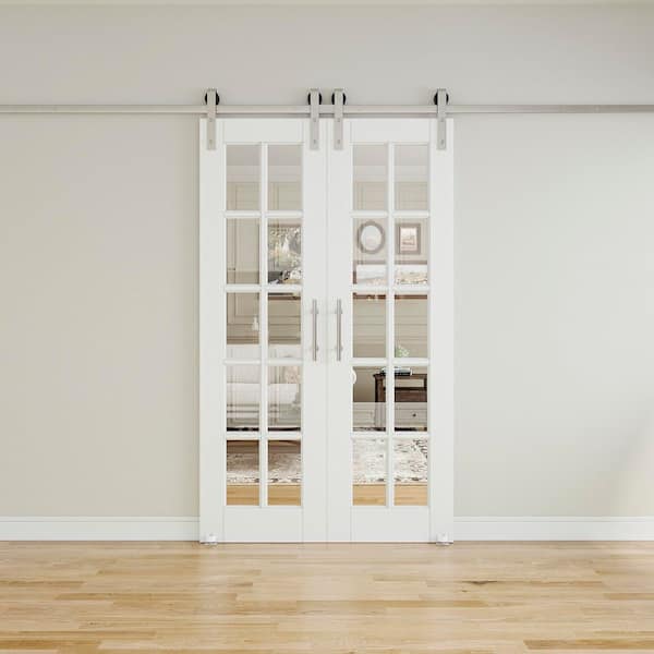 48 in. x 80 in. 10-Lite Clear Glass White Primed Glass Sliding Barn Door with Hardware Kit Nickel Plated