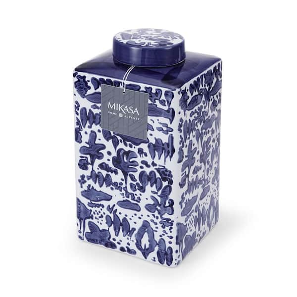 Mikasa Blue and White Landscape Square Ceramic Ginger Jar, Store Small Household Items or Display Faux Florals, 11 in.
