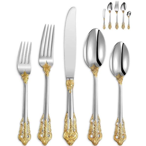 65-Piece 18/10 Stainless Steel Flatware Set with Gold Accents, Service for 12