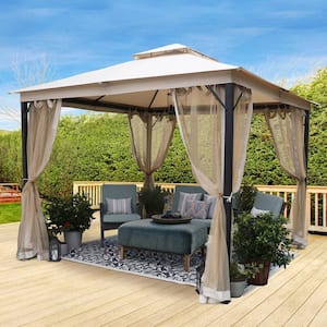 10 ft. x 10 ft. Outdoor Beige Galvanized Steel Soft-top Gazebo with Polyester Double Roof with Curtains and Netting