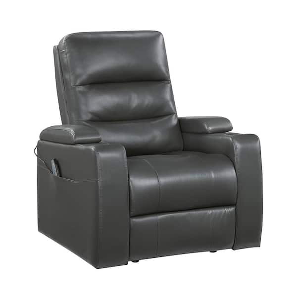 Claire Gray Faux Leather Power Recliner with Power Headrest, Heat and Massage