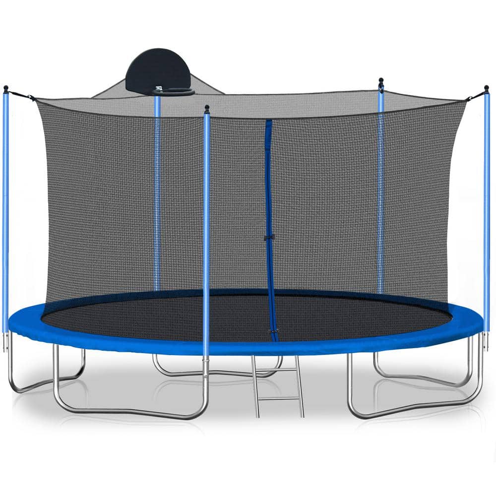 12 ft. Outdoor Round Blue Trampoline with Basketball Hoop, Ladder and Safet