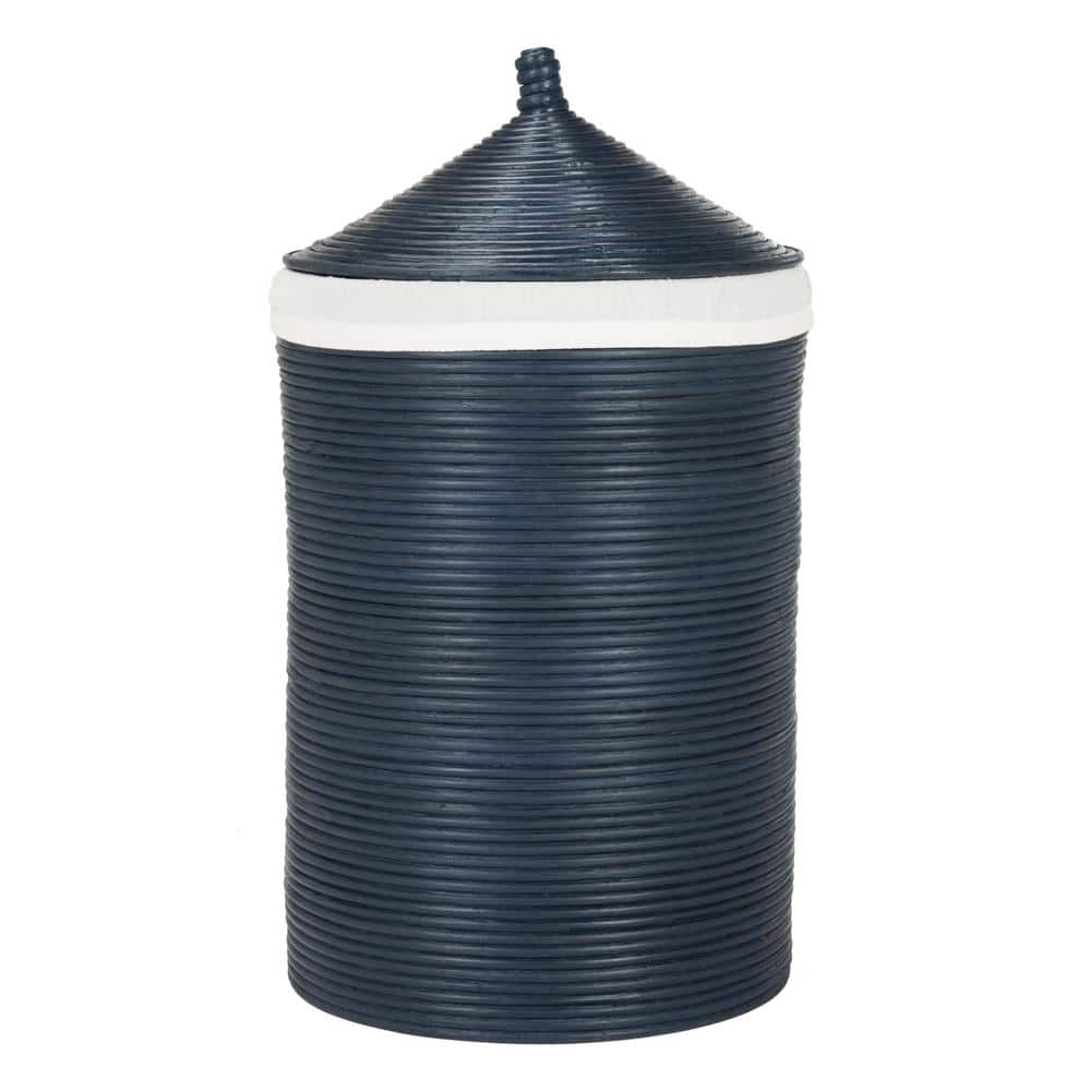Navy and White Rattan Upright Hamper with Lid