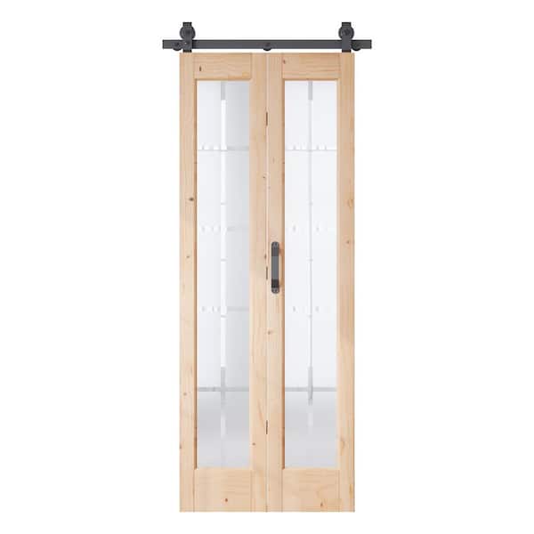 36 in. x 84 in. Full Lite Pre-Assembled Frosted Glass Solid Core Brown Wood Bi-fold Door with Hardware
