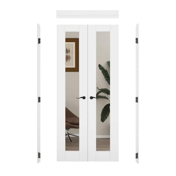 36 in. x 80 in. 1 Lite Mirrored Glass Universal Primed Solid Core Glass Double Prehung French Door+ Quick Assemble Jamb
