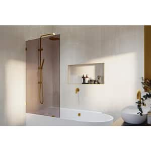Ursa 34 in. W x 58.25 in. H Single Fixed Panel Frameless Bathtub Door in Satin Brass with Tinted Tempered Glass