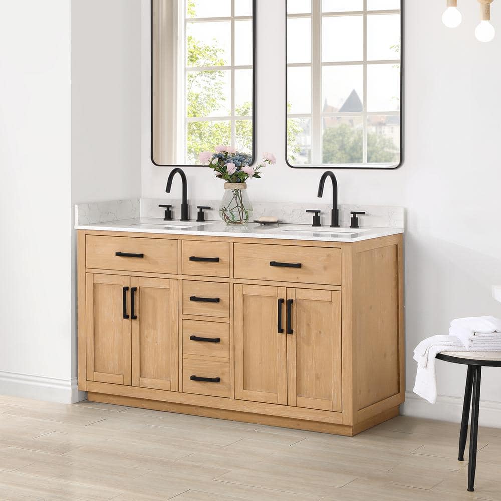 Gavino 60" Light Brown Wood Double Vanity with Composite Stone Top