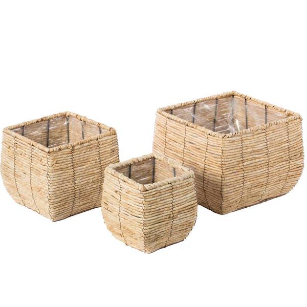 Vintiquewise Woven Maize Square Flower Pot Planter with Leak-Proof Plastic Lining (Set of 3)