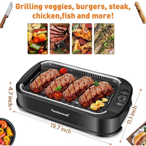Techwood 1500W Electric Indoor Grill with Tempered Glass Lid, Compact