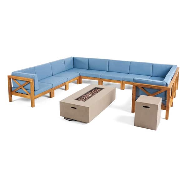 Noble House Brava Teak Brown 12-Piece Wood Patio Fire Pit Sectional Seating Set with Blue Cushions