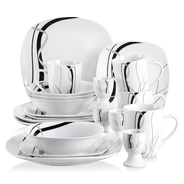 VEWEET 20-Piece White Porcelain Dinnerware Set (Service for 4) Dining Set with Plates Bowls Mugs and Egg Cups